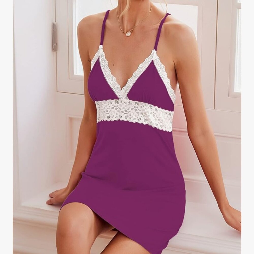 NEW Ekouaer Women's Chemise Nightgown SZ XL Lace Trim Purple Pajama Slip Dress